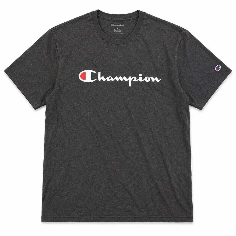 Champion Graphic T-Shirt Mens Medium Charcoal Grey Excellent Script Logo Tee